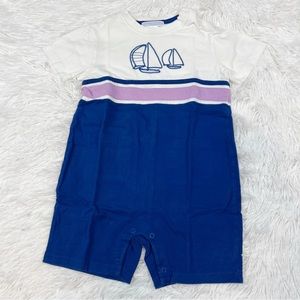 Janie and Jack short sleeve color block sail boat rompers blue white